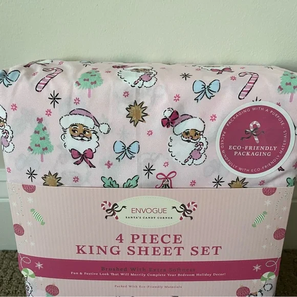 Envogue Pastel Pink Coquette Santa King Sheet Set New Holiday Christmas - Picture 4 of 5